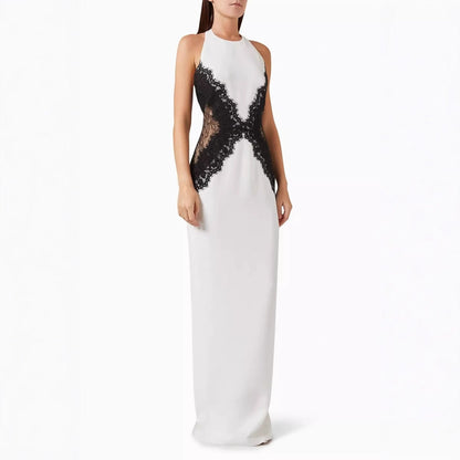 New fashionable and sexy neck splicing long dress backless socialite slim lace dress