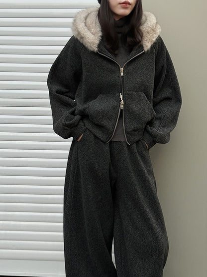 Slack, lazy, fur-collared sweatshirt, jacket, scimitar, wide-leg pants, women's winter wool fleece casual suit 2153