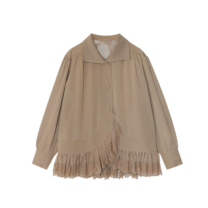 Lapel Long Sleeve Lace Stitching Short Jacket