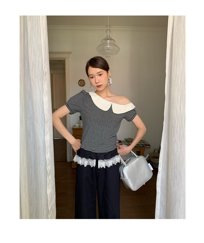 Striped Off-Shoulder Diagonal Neck Tee