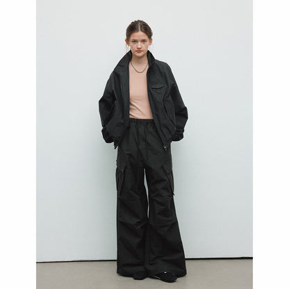Spring new casual high-waisted lace-up solid color outdoor cotton brocade large paper bag paratrooper trousers
