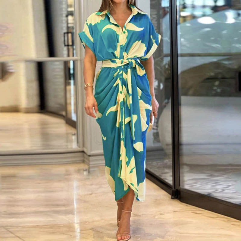 Elegant Lapel Collar Printed High-Waist Maxi Dress