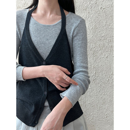 Korean simple round neck base · stacked neck vest women's autumn new lazy suit