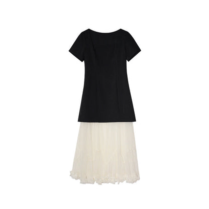Hepburn mesh stitching short-sleeved square neck dress