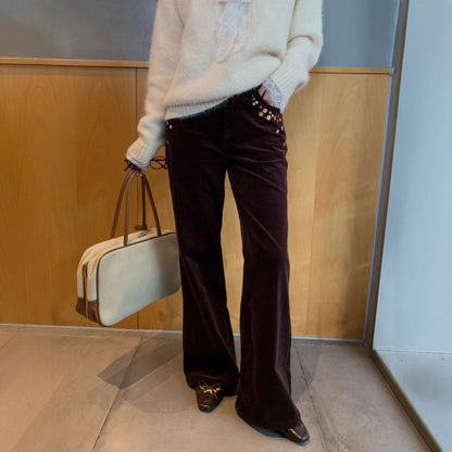 Embroidered Corduroy Flare Pants – Retro High Waist Women's Trousers