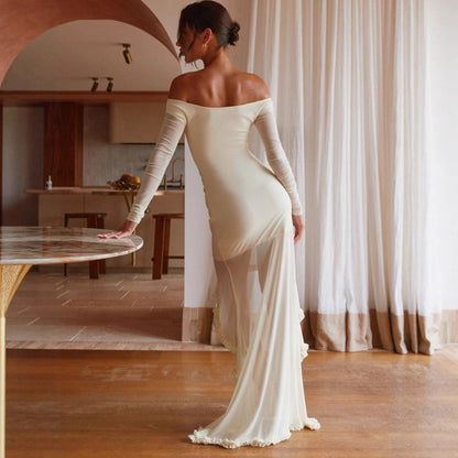 Fashion pleated irregular floor mopping dress sexy one-word shoulder dress