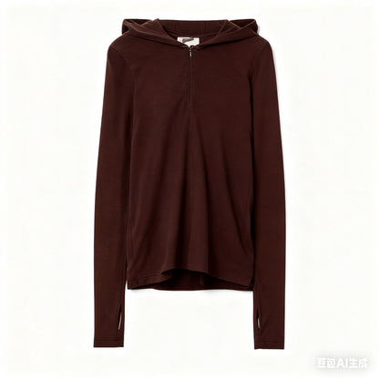 Hooded Long Sleeve Knit Top Women Slim Fit Half-Zip Pullover Sweater