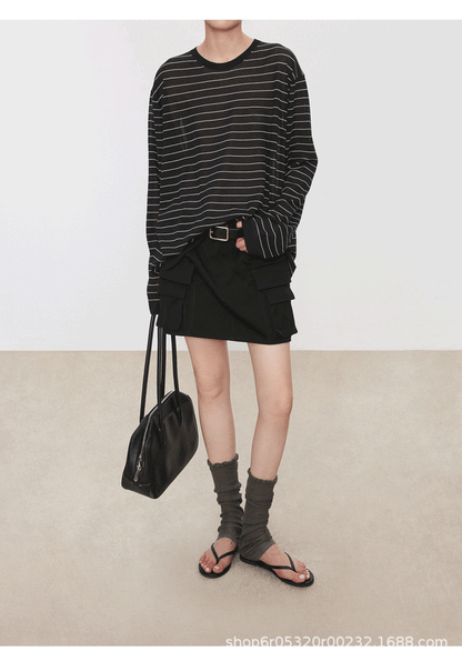 Striped Sweater Set Women Loose Fit Round Neck Long Sleeve Triacetate Cotton