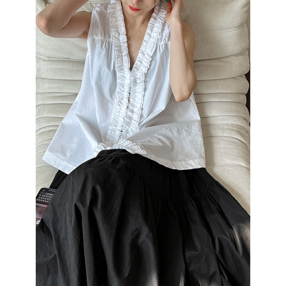 French niche design fungus edge sleeveless shirt women's new petal collar sleeveless two-piece shirt