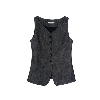 Early spring old money texture sleeveless linen single-breasted vest vest top