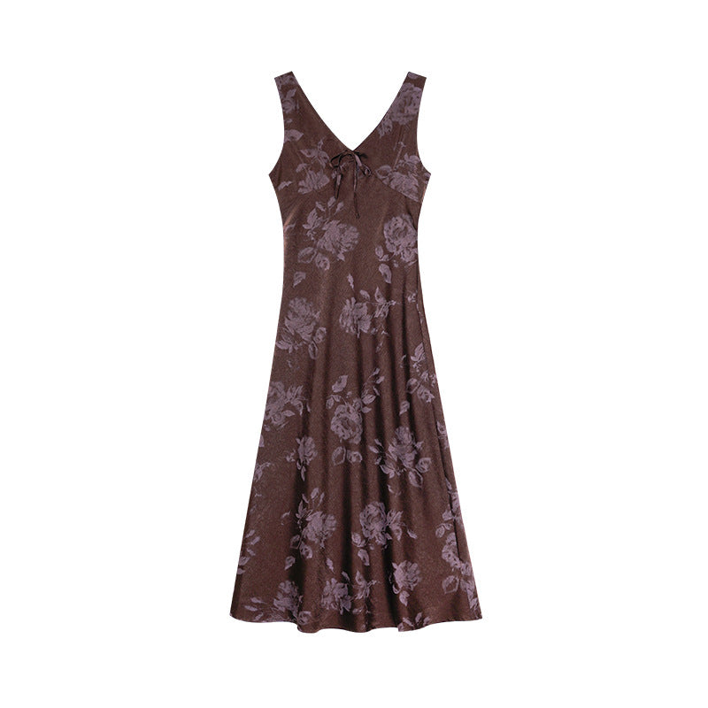 Autumn French retro rose print V-neck temperament sleeveless dress
