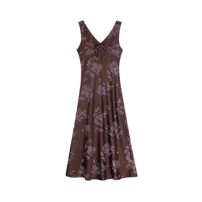 Autumn French retro rose print V-neck temperament sleeveless dress