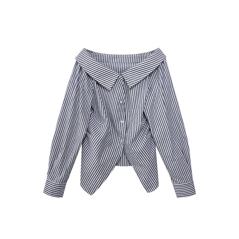 Fashion pure desire temperament one-word shoulder striped shirt