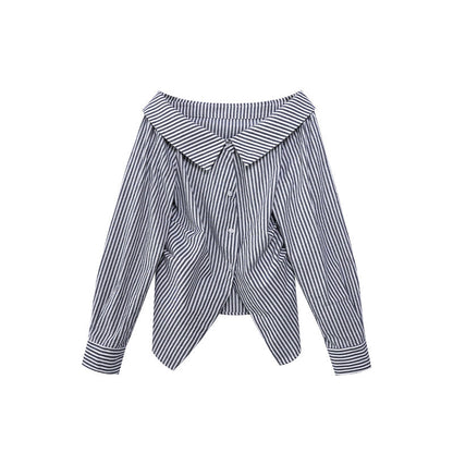 Fashion pure desire temperament one-word shoulder striped shirt