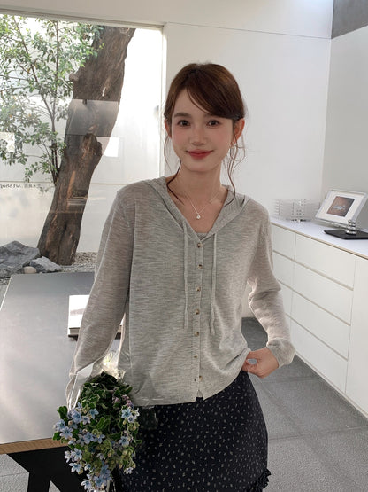 Long Sleeve Hooded Fake Two-Piece Knitted Pullover Sweater Korean