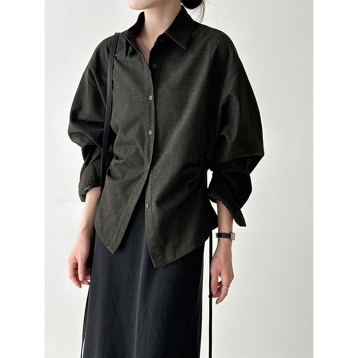 Korean lapel polished shirt women's autumn new high-end commuting temperament lace-up waist shirt