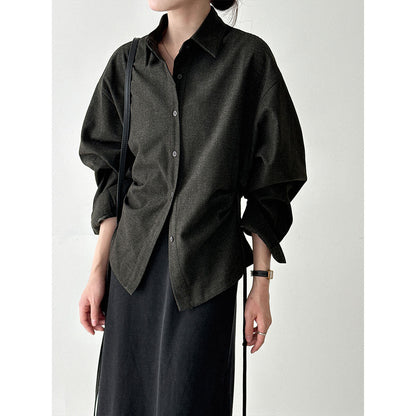 Korean lapel polished shirt women's autumn new high-end commuting temperament lace-up waist shirt