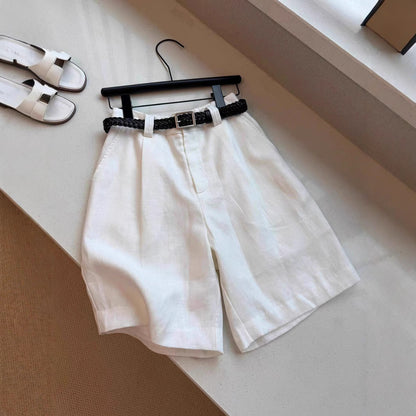 White linen high-waisted wide-leg shorts