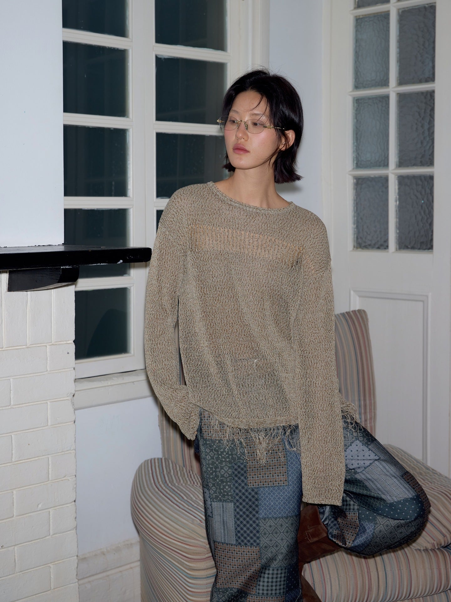 Fringed long-sleeved knitted sweater loose lazy top