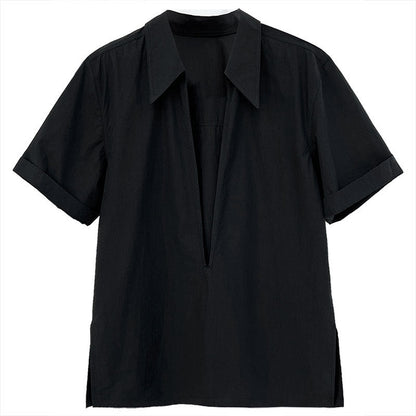French retro simple deep V-neck stacked short-sleeved shirt women's summer new commuter slim top 3595
