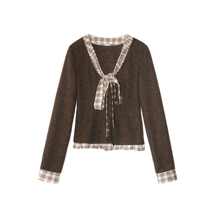 Sweet Bow Checked Ribbon Knitted Bottom Shirt