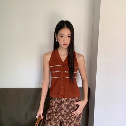 Simple striped cotton single-breasted v-neck sleeveless knitted vest