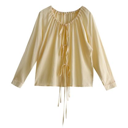 Korean drawstring shirt top women's spring new V-neck sunscreen shirt lace-up cardigan