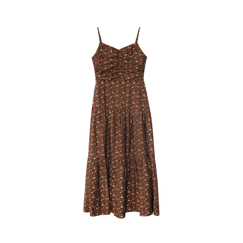 Resort style camisole dress women's pleated slim slimming floral skirt