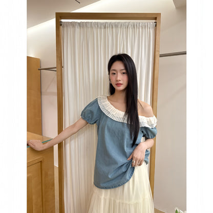 Ruffle Trim Off-Shoulder Denim Top