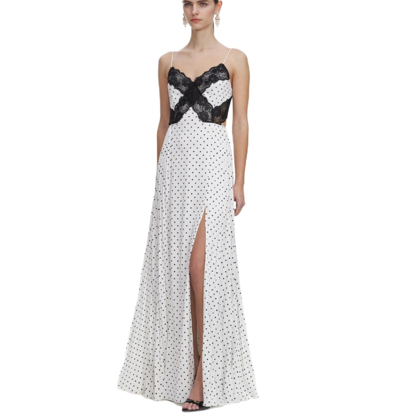Lace splicing polka dot suspender split skirt French retro dress vacation style dress