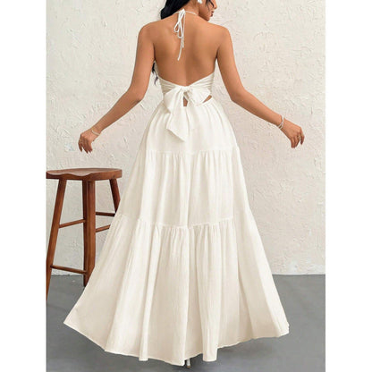 Ladies seaside neck holiday dress backless V-neck thin white pleats