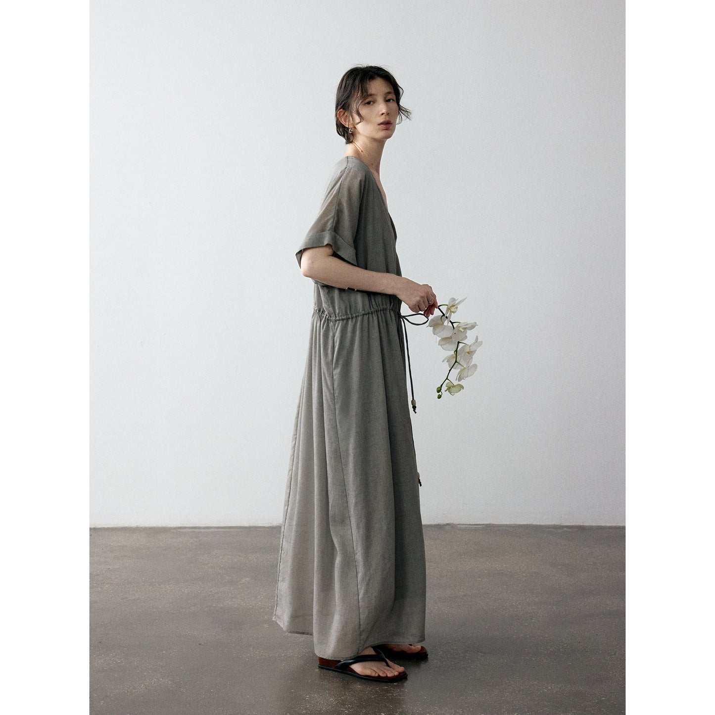 Summer new design Tencel V-neck drawstring waist glossy dress