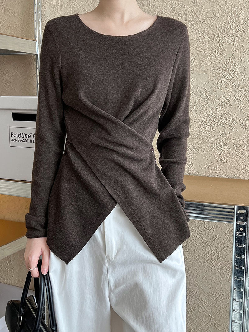 Korean wear early autumn top irregular hem cross waist bottoming knitted sweater women's sweater