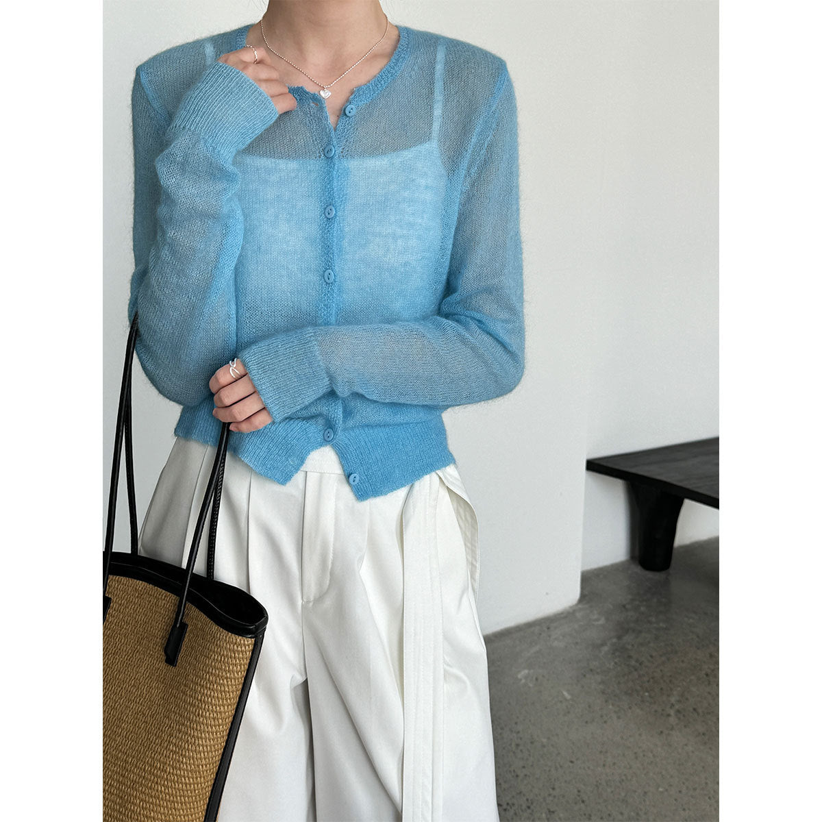 Early spring new mohair knitted cardigan women's thin slightly transparent gentle soft waxy outer coat