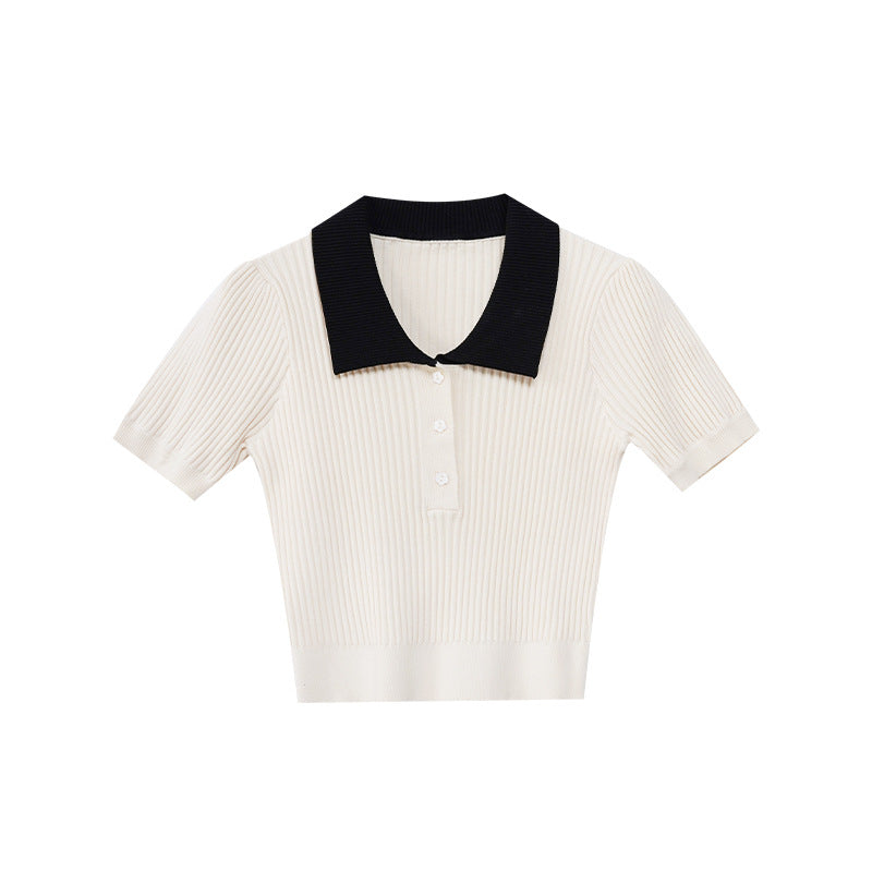 College Fashion Commuter Lapel Short Sleeve Knitwear