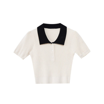 College Fashion Commuter Lapel Short Sleeve Knitwear
