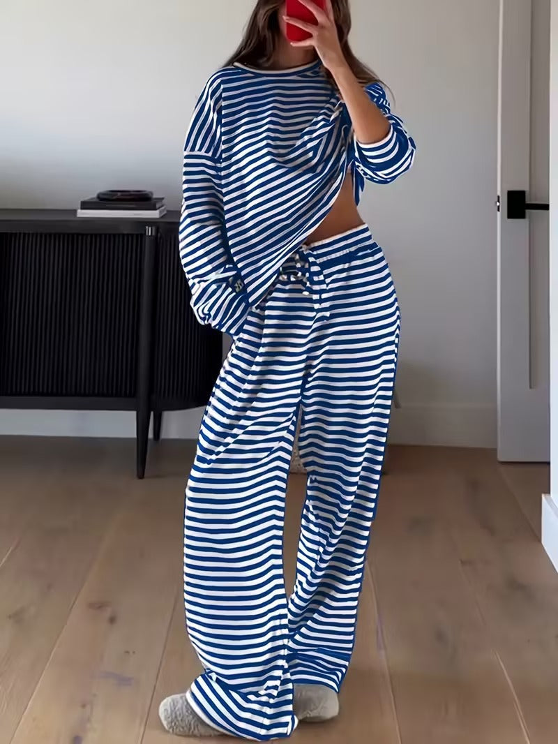Striped Casual Two-Piece Set Women Long Sleeve Top High Waist Pants