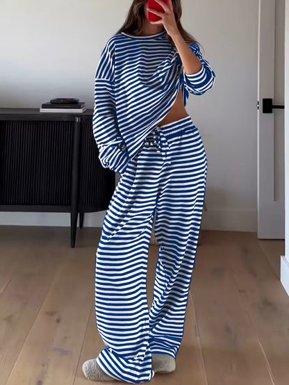 Striped Casual Two-Piece Set Women Long Sleeve Top High Waist Pants