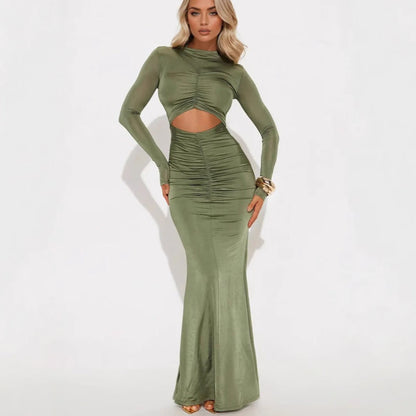 Pleated Slim Crew Neck Dress