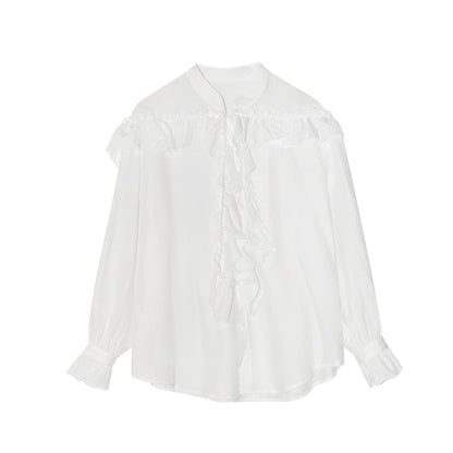 Early Spring French Sweet Age Reducing Lotus Edge Ribbon Neck Long Sleeve Shirt