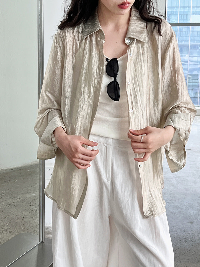 Korean simple texture glossy see-through shirt women's summer new sunscreen pearlescent cardigan jacket