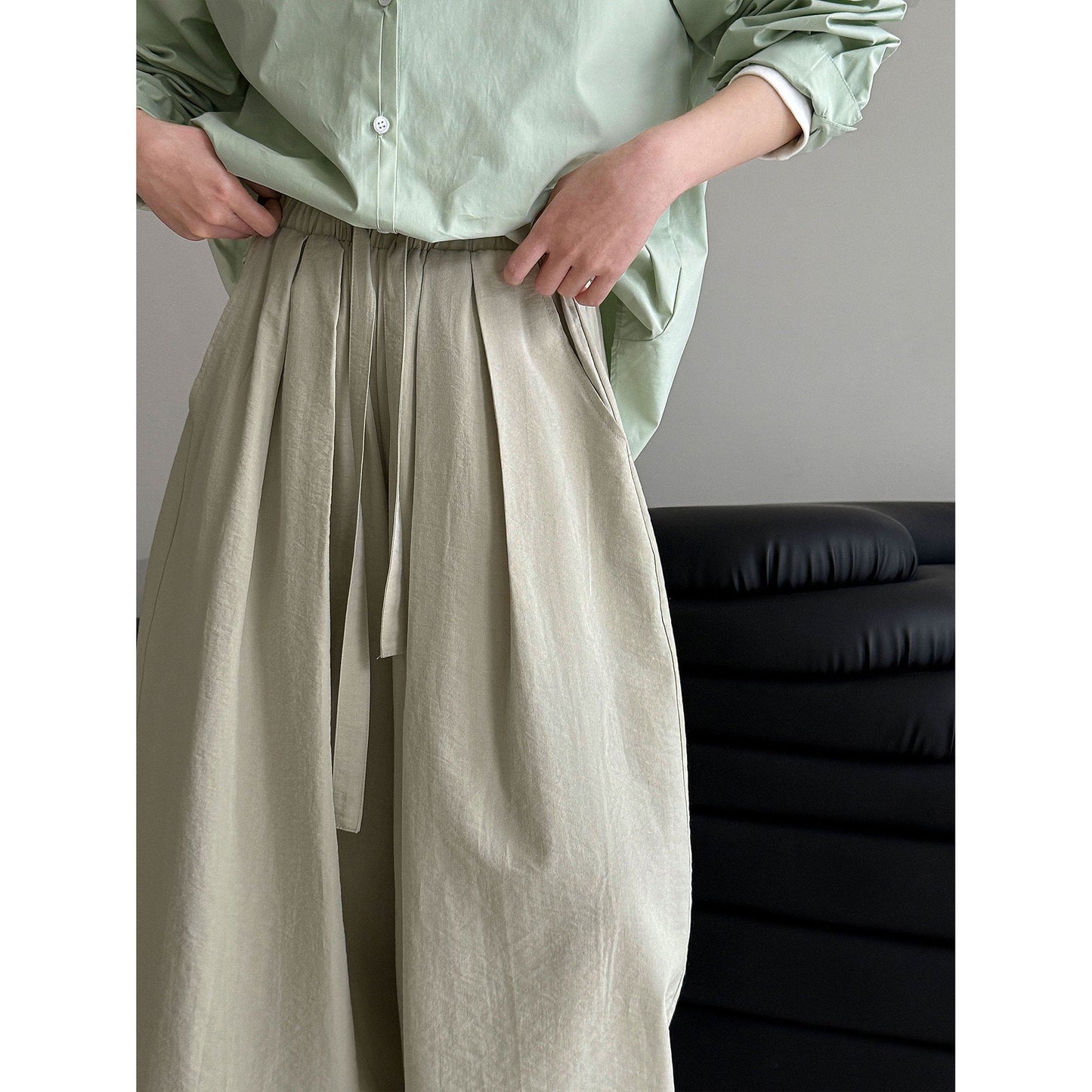 Japanese simple elastic waist drawstring hanging casual pants women's early spring new loose wide-leg trousers