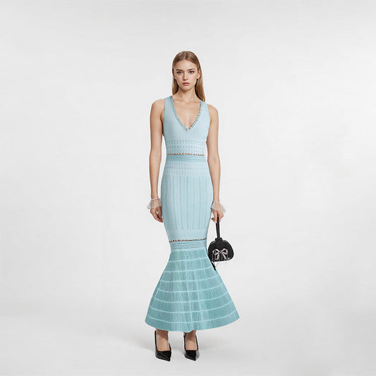 V-Neck Sleeveless Dress Women High Waist Beaded Fishtail Midi
