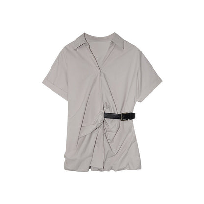 French temperament versatile pure cotton thin waist buckle short-sleeved shirt
