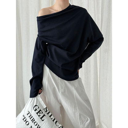 Irregular design slanted shoulder long-sleeved sweater women's autumn new lazy Sorona off-the-shoulder top