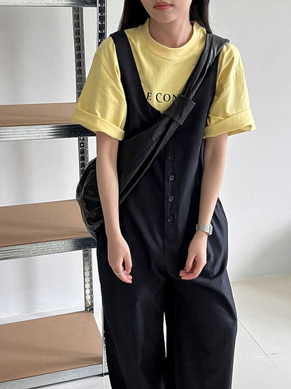 Korean version U-neck wide shoulder strap sleeveless jumpsuit stacked with large pockets casual pants, thin wide-leg trousers