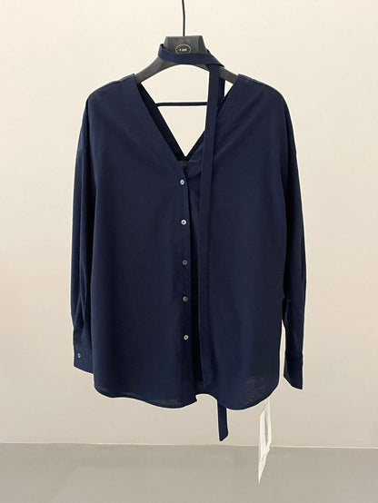 Spring red linen streamer shirt niche V-neck backless lazy shirt