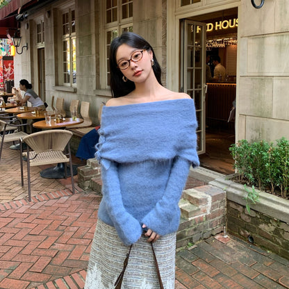 Women's Off-Shoulder 3D Floral Knit Alpaca Wool Pullover Sweater