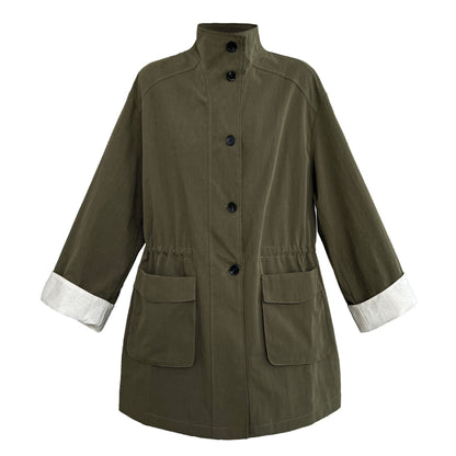 Korean medium and long stand-up collar loose drawstring trench coat women's autumn new big pocket design coat