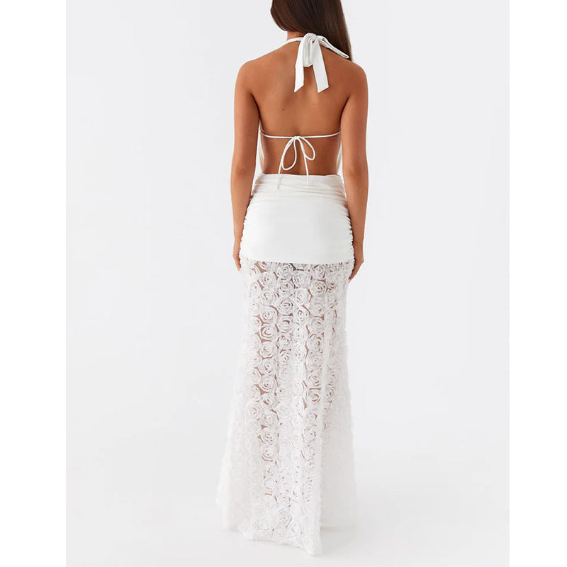 New fashionable and sexy backless European and American dress ins style three-dimensional flower suspender long dress dress